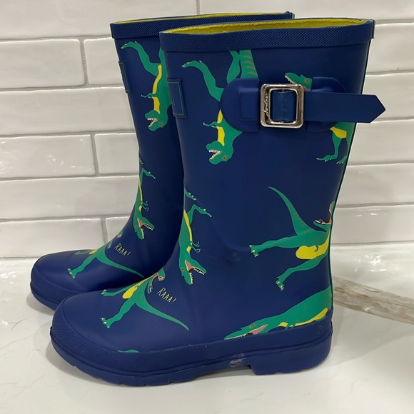 EUC Joules lined Dinosaur patterned rubber rain boots in blue and green - Picture 1 of 8